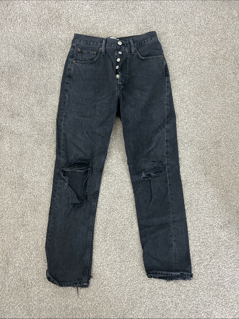 Agolde Womens Straight Leg Jeans in Washed Black with Knee Rips
